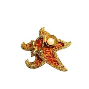 1960s Vintage Large Coral Starfish Pin With Seashells And A Large Pearl Sealife